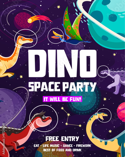 Space dino part flyer, dinosaur astronauts. Vector festive, vibrant and playful invitation poster for children with cartoon dinosaurs in cosmonaut helmets floating in space among planets and stars