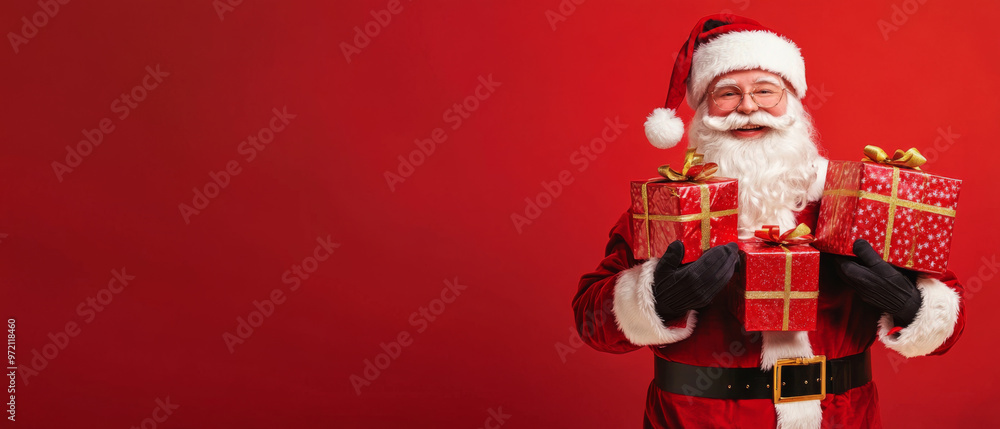 Obraz premium Santa Claus with Presents on Red Background: A jolly Santa Claus with a white beard and a red hat smiles warmly as he holds a stack of wrapped Christmas presents against a vibrant red backdrop, convey