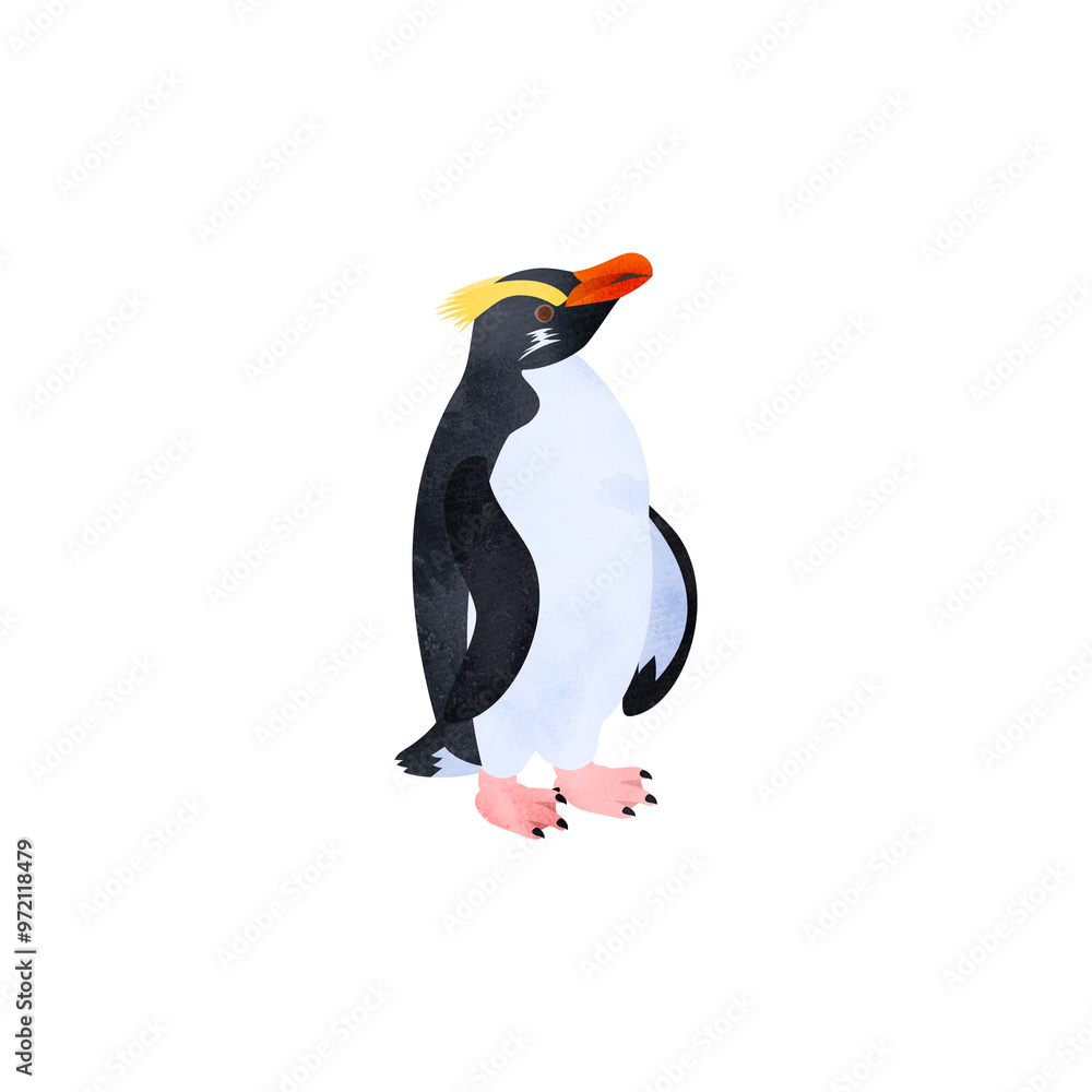 Fototapeta premium フィヨルドランドペンギン（キマユペンギン、ヴィクトリアペンギン）。水彩風イラスト。 Fiordland penguin (Fiordland crested penguin). Watercolor style illustration.