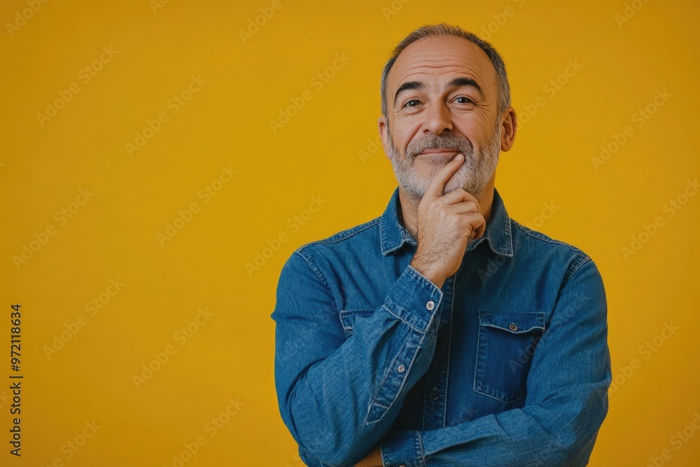Fototapeta premium Middle aged man in denim shirt pondering with doubt expression.