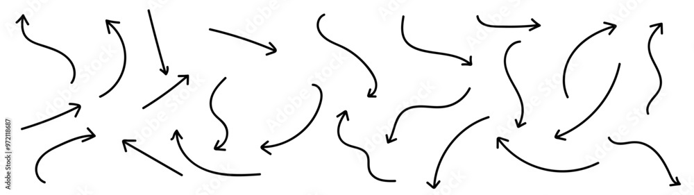 Set of black hand drawn grunge doodle spiral and curved charcoal, chalk arrows on Transparent background. Scribble symbols of direction pointers, swirl arrow elements for infographic design Set of black hand drawn grunge doodle spiral and curved charcoal, chalk arrows on Transparent background. Scribble symbols of direction pointers, swirl arrow elements for infographic design