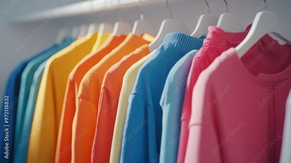 Fototapeta premium Colorful fashion Clothes on a clothing hanger,knitwear and hoodies on hangers,Minimal fashion clothes on a rack,Fashion blog, website, social media,store in shopping mall,sale online.