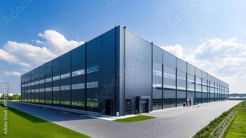 Wallpaper Mural Expansive industrial building with minimalist design, surrounded by open fields and green surroundings, steel exteriors Torontodigital.ca