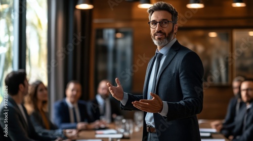 Confident businessman giving a presentation to colleagues in modern office boardroom, daylight entering from large window nearby.