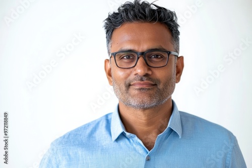 indian latin businessman with glasses and blue shirt isolated on white