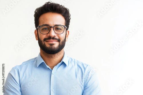 indian latin businessman with glasses and blue shirt isolated on white photo