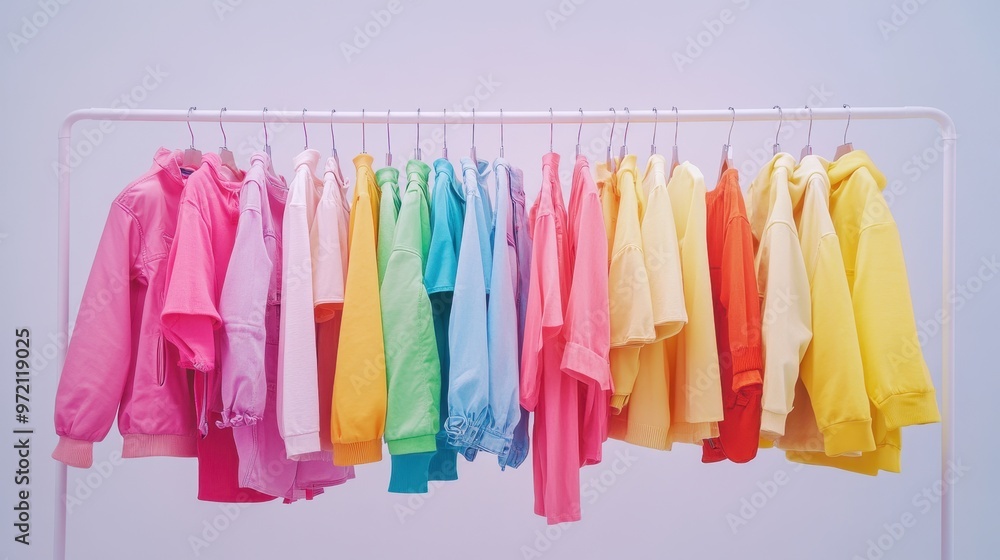 Colorful fashion Clothes on a clothing hanger,knitwear and hoodies on hangers,Minimal fashion clothes on a rack,Fashion blog, website, social media,store in shopping mall,sale online.