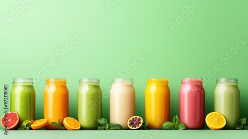 Smoothie ingredients arranged in a line, showing the steps to create a healthy drink