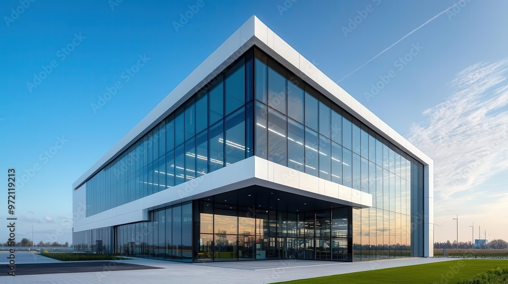 Wide exterior shot of a spacious factory with modern steel architecture, surrounded by large open grounds Wide exterior shot of a spacious factory with modern steel architecture, surrounded by large open grounds