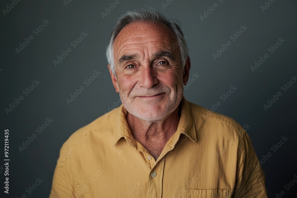 Happy older man in shirt smiles for camera on gray background. Happy older man in shirt smiles for camera on gray background.