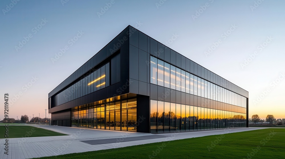 custom made wallpaper toronto digitalExpansive industrial building with minimalist design, surrounded by open fields and green surroundings, steel exteriors