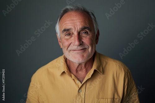 Happy older man in shirt smiles for camera on gray background.