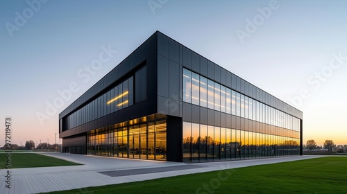 Wallpaper Mural Expansive industrial building with minimalist design, surrounded by open fields and green surroundings, steel exteriors Torontodigital.ca