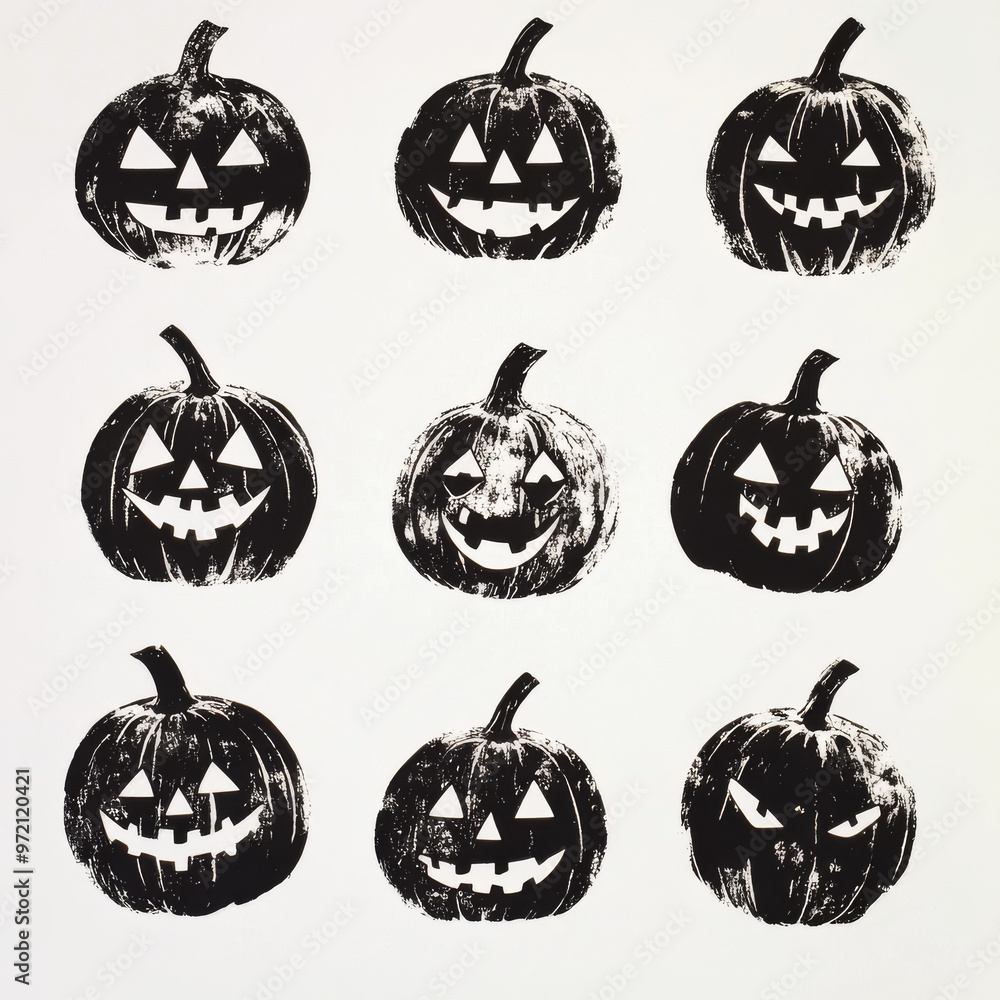 Grunge Halloween Pumpkin Patch: Nine black and white carved pumpkins with various spooky expressions. Grunge Halloween Pumpkin Patch: Nine black and white carved pumpkins with various spooky expressions.