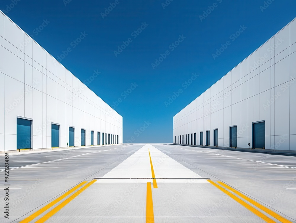 Factory building with clean, industrial lines, steel and glass exterior, surrounded by spacious green fields Factory building with clean, industrial lines, steel and glass exterior, surrounded by spacious green fields
