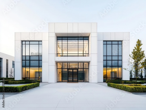 Wallpaper Mural Wide exterior shot of a sleek industrial factory, surrounded by spacious land and greenery, minimalist steel design Torontodigital.ca