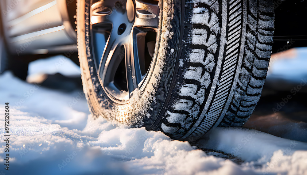Winter Car tire with snow in detail, winter weather concept. close-up to the wheel Winter Car tire with snow in detail, winter weather concept. close-up to the wheel