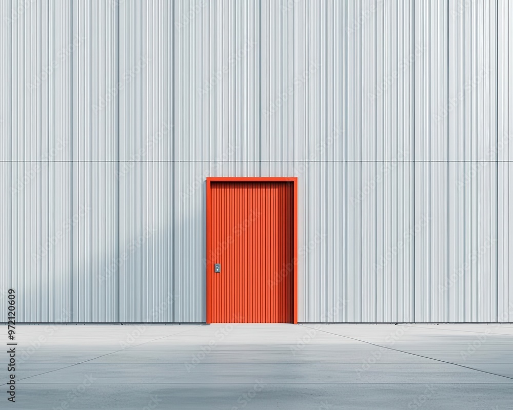 Massive industrial warehouse exterior, surrounded by vast empty space, modern minimalist design, clear day