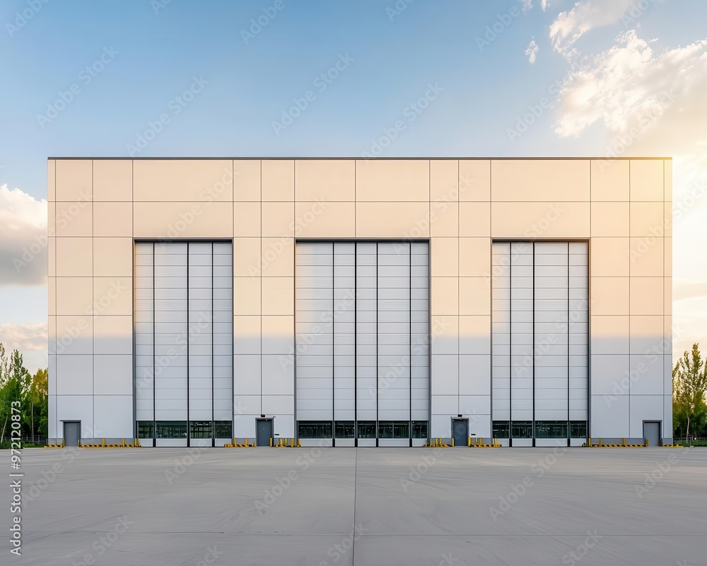 Exterior of a large factory with glass and steel walls, surrounded by spacious land and greenery, modern industrial Exterior of a large factory with glass and steel walls, surrounded by spacious land and greenery, modern industrial