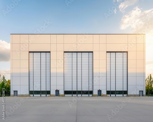 Wallpaper Mural Exterior of a large factory with glass and steel walls, surrounded by spacious land and greenery, modern industrial Torontodigital.ca