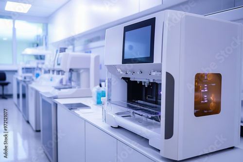 Advanced analytical equipment and workstations are set up in modern medical laboratory