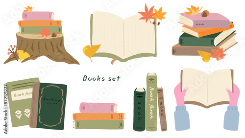 Autumn, hands holding a book, set of books stacked, cute hand drawn illustration / 秋、手で本を持つ、積み重なった本のセット、かわいい手描きのイラスト