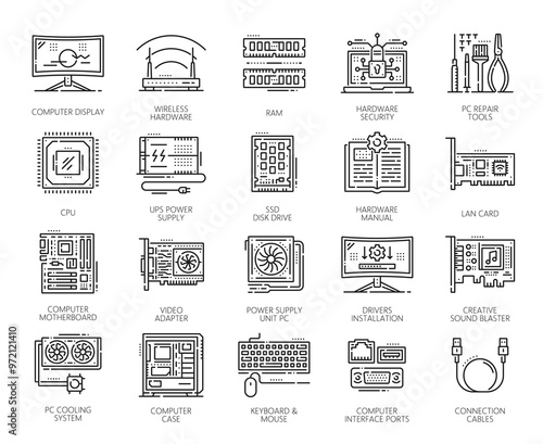 Software and hardware line icons. Vector outline computer cpu, pc memory chip, ram, mouse and keyboard, motherboard, network cable, ssd disk drive and wifi router. Thin line monitor, case, repair tool