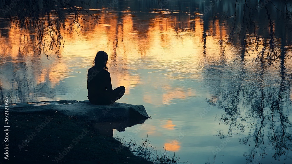 riverbank, calm water, reflection, nature's mirror, tranquility, close up, focus on, copy space, cool tones, still waters, Double exposure silhouette with a person sitting by the river riverbank, calm water, reflection, nature's mirror, tranquility, close up, focus on, copy space, cool tones, still waters, Double exposure silhouette with a person sitting by the river