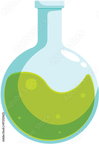 Round bottom flask containing green chemical substance, laboratory glassware for scientific experiment