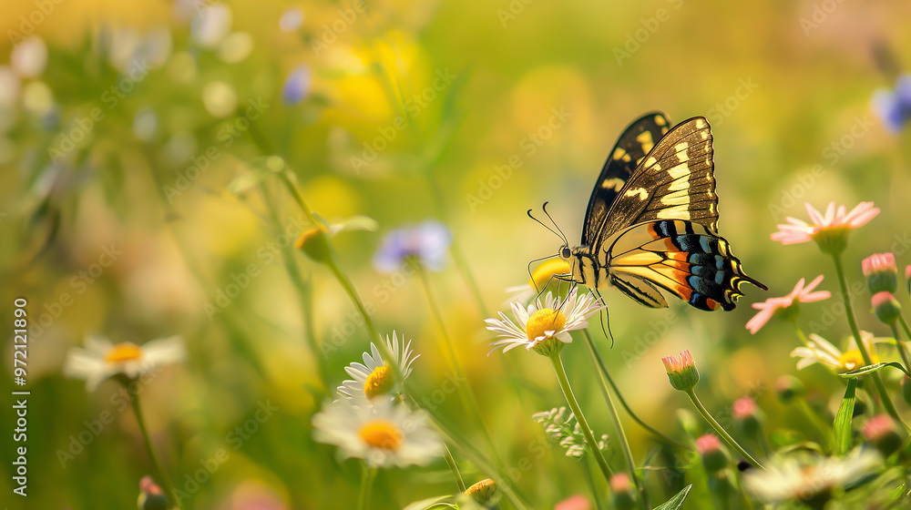 a blooming wildflower meadow, butterfly in flight a blooming wildflower meadow, butterfly in flight