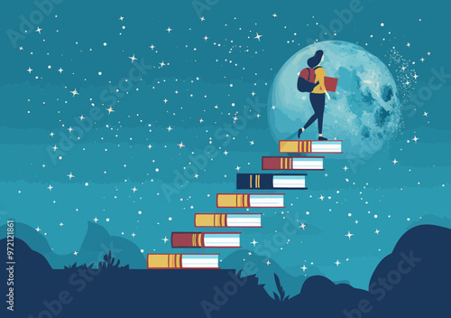 Moonlit Journey to Knowledge: Student Climbing Book Stack Stairway in Night Sky Illustration