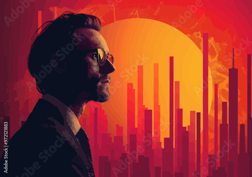 Business Manager Analyzing Rising Graph Against Urban Skyline at Sunset, Business Growth Concept, Minimalist Vector Art
