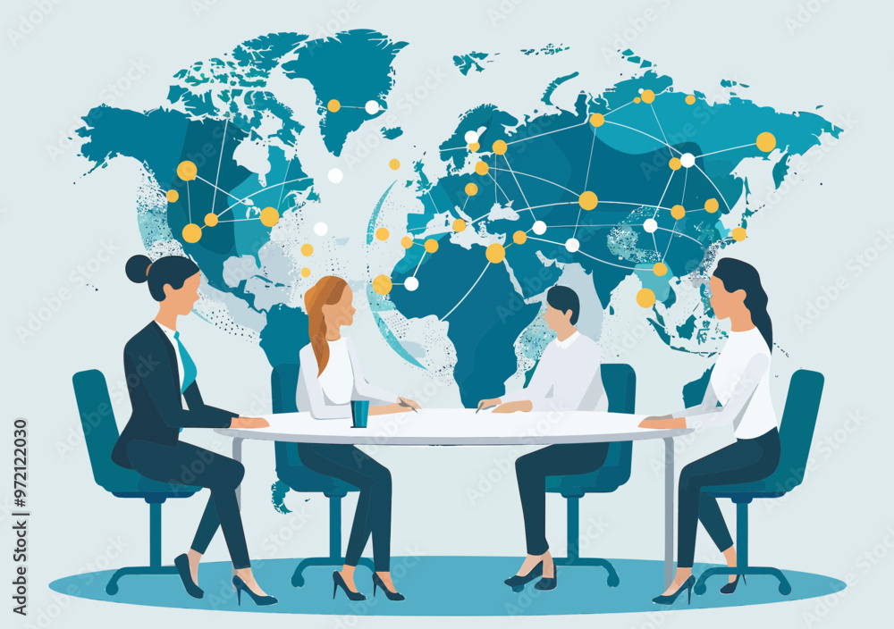Team Meeting on Global Investment Strategy around World Map - International Business Collaboration, Trade Discussion, Corporate Planning Concept Team Meeting on Global Investment Strategy around World Map - International Business Collaboration, Trade Discussion, Corporate Planning Concept