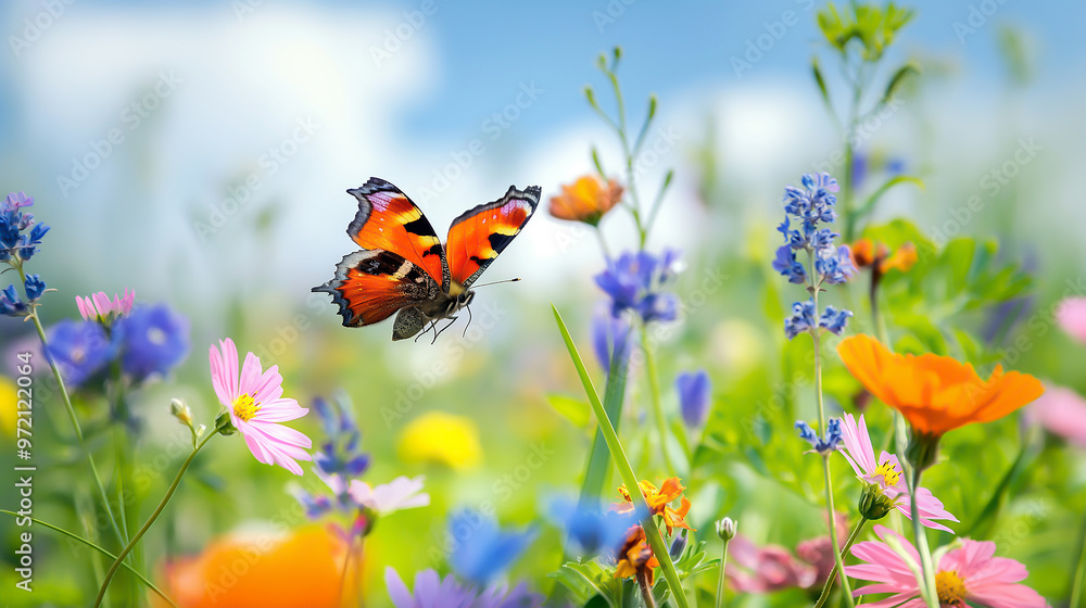 a blooming wildflower meadow, butterfly in flight a blooming wildflower meadow, butterfly in flight