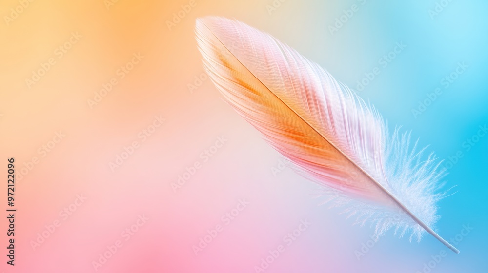 Naklejka premium A feather is shown in a colorful background with pink and blue, AI