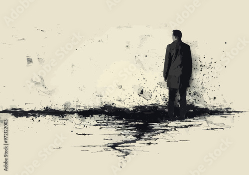 Manager Looking into Hole Shaped Like Falling Arrow Symbolizing Project Failure, Minimalistic Vector Illustration, Concept of Business Downfall and Risk Management, Monochrome Design