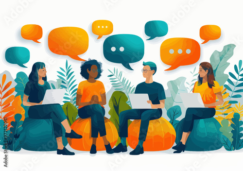 Young Diverse Team Discussing New Project in Modern Setting, Finding Consensus Concept, Creative Collaboration, Bright Minimalistic Vector Illustration
