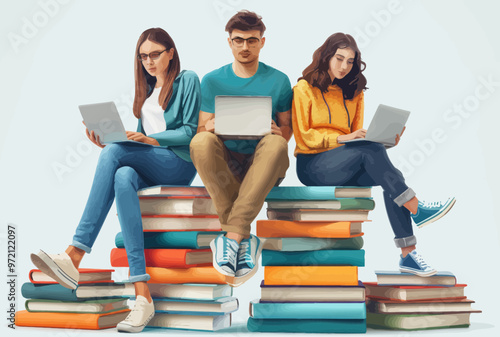 Business Team Collaborating on Laptops While Sitting on Large Stack of Books, Concept of Learning and Education, Minimalistic Vector Illustration