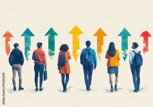 Business Team Facing Multiple Arrows in Various Directions Confidently Deciding Path Forward with Determination and Strategy Conceptual Illustration