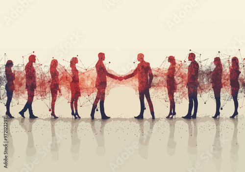 Digital Team Collaboration and Agreement with Handshake in Networked Business Environment, Minimalistic Vector Illustration Depicting Connected People in Abstract Technology and Partnership Concept