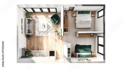 Modern Apartment Top View with Green Accents