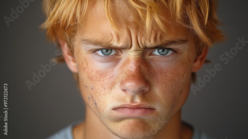 A teenager with acne, looking stressed and concerned, their expression conveying the emotional weight of dealing with skin issues at a young age