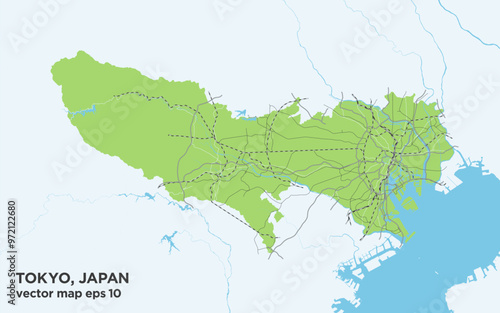 日本の東京都の緑色のシンプルな道路路線図 photo