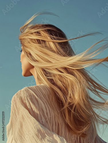 Windswept Beauty: A woman with flowing blonde hair stands against a backdrop of a bright blue sky, her long locks dancing in the wind, capturing a sense of freedom and tranquility.  