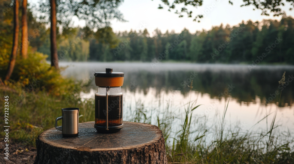 Serene Morning Brew: French Press Coffee by the Lake