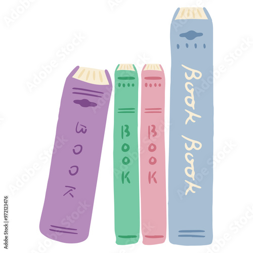 Books in a row, four books lined up, cute hand-drawn illustration / 並んだ本、本が4冊並んでいる、かわいい手描きのイラスト