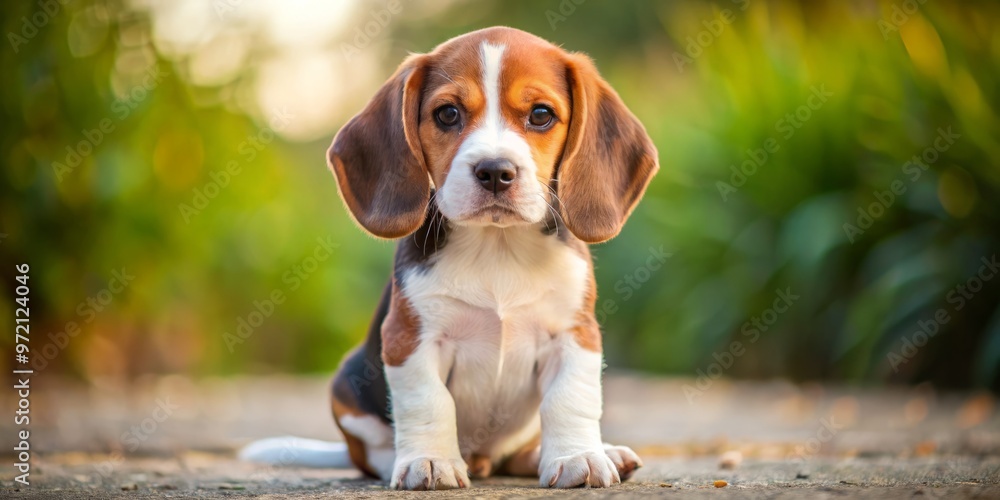 A brown and white beagle puppy sits attentively, its perky ears raised and tilted slightly, as if listening A brown and white beagle puppy sits attentively, its perky ears raised and tilted slightly, as if listening