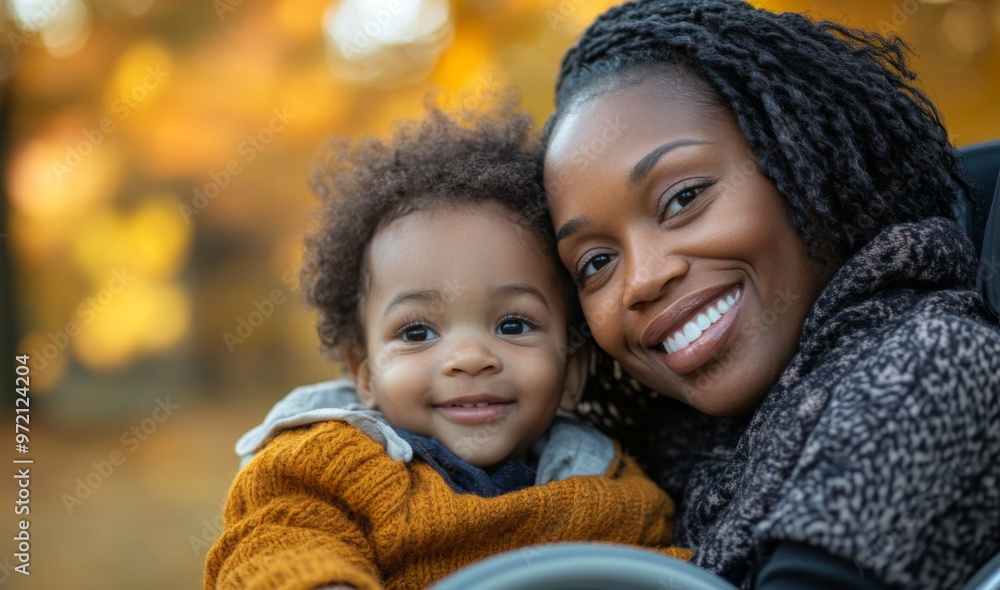 Obraz premium portrait of black woman and child in wheelchair are smiling at the camera in fall park 
