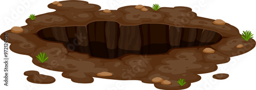 Dirty pit, burrow or deep ground hole with stones. Isolated vector brown soil burrow or garden animal tunnel entrance with pile of dirt, green grass and rocks. Natural ground holes and earth erosion