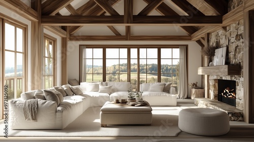 Cozy Rustic Living Room with Panoramic Views and Stone Fireplace